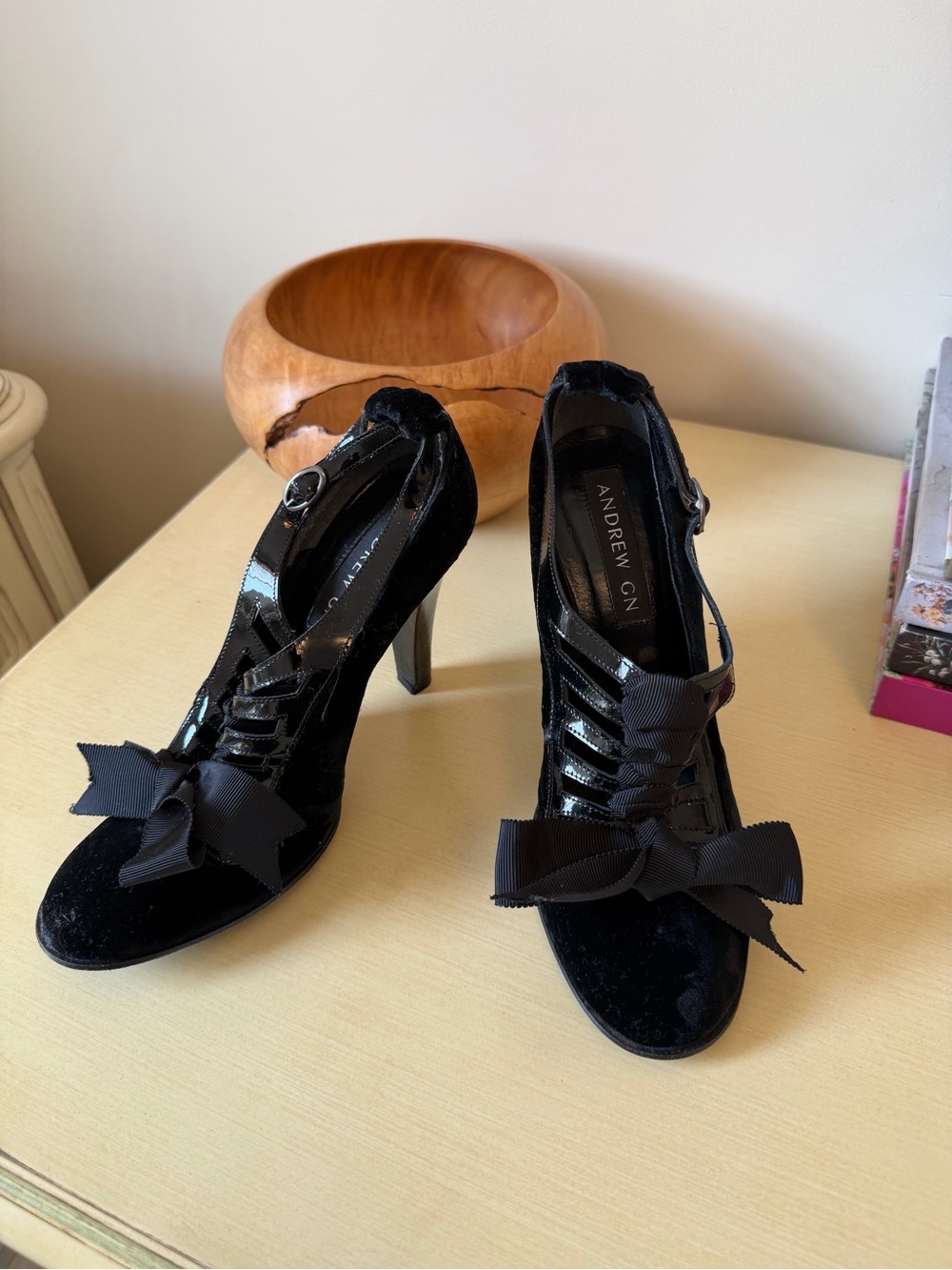 Andrew GN Black Velvet & Patent Bow T-Strap Heels